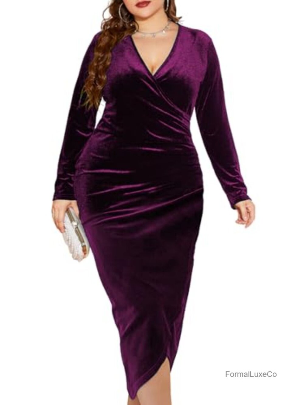 Plus Size Velvet Bodycon Dress Ruched Long Sleeve Midi Cocktail